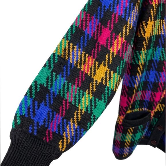 Vintage 100% Lambswool Plaid Cardigan Sweater Small Black Multicolor V-Neck - Picture 9 of 13